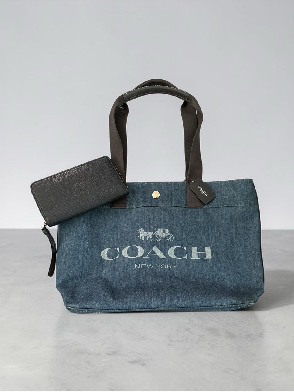 Coach Denim Logo Tote in Blue with Dark Brown Handles and Coach Wallet